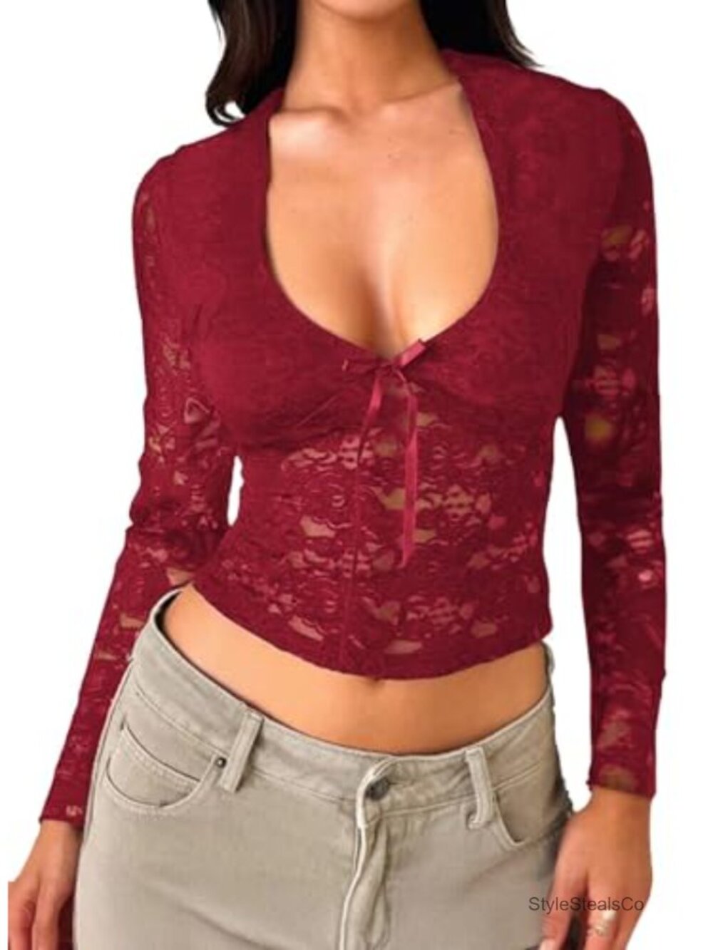 Lace Long Sleeve Top V-Neck Crop Y2K Going Out Shirt